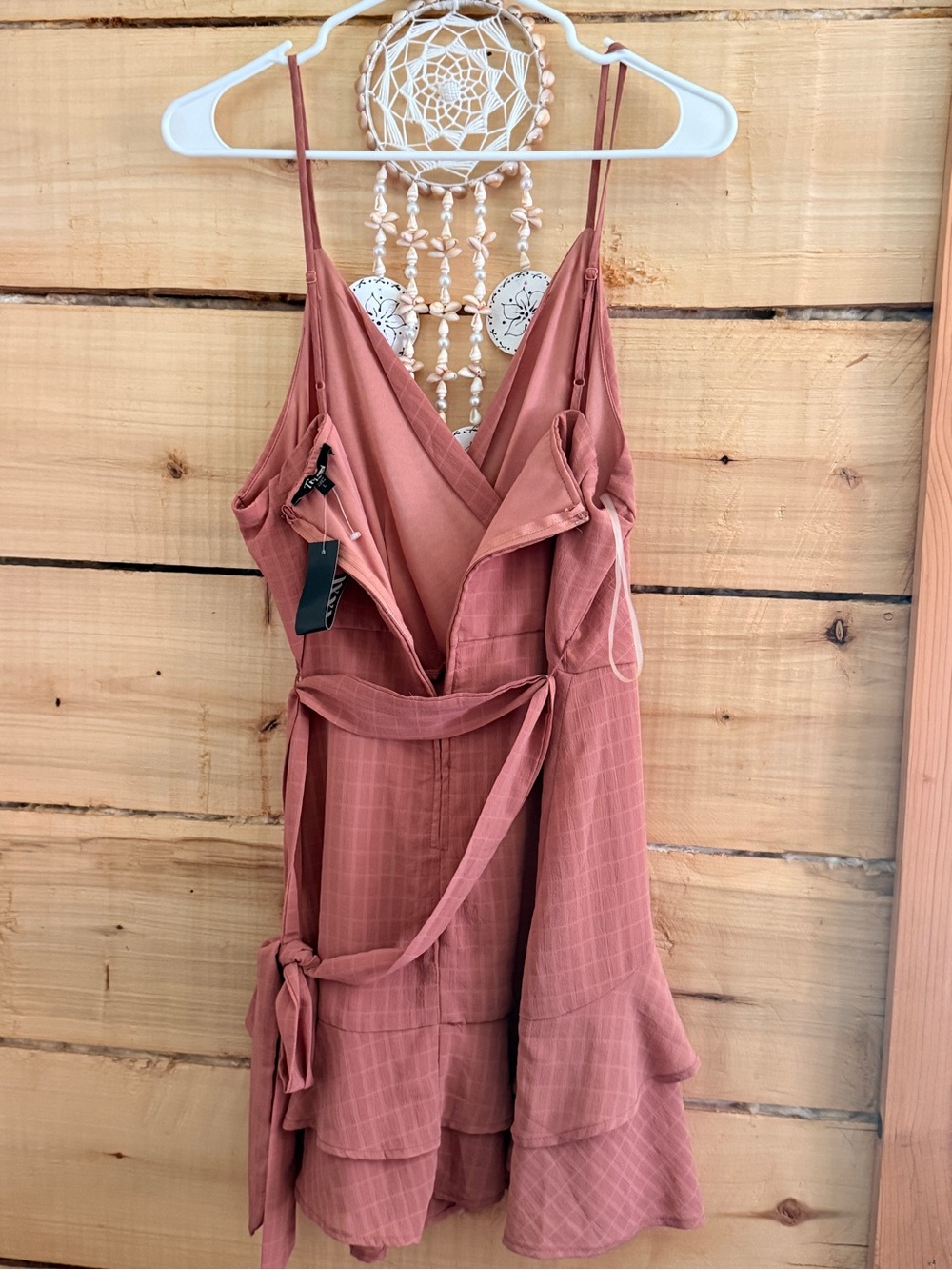 Spaghetti Strap Ruffle Wrap Mini Dress in Rust Pink - Picture 2 of 2